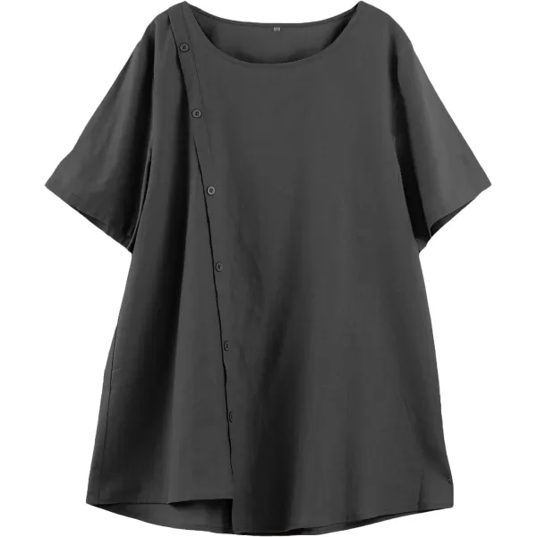 Minibee Womens Linen Blouse Tunic Short Sleeve Shirt Tops With Buttons DecorationBlack