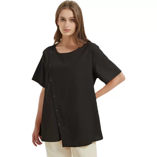 Minibee Womens Linen Blouse Tunic Short Sleeve Shirt Tops With Buttons DecorationBlack