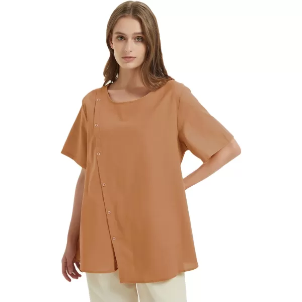 Minibee Womens Linen Blouse Tunic Short Sleeve Shirt Tops With Buttons DecorationCoffee