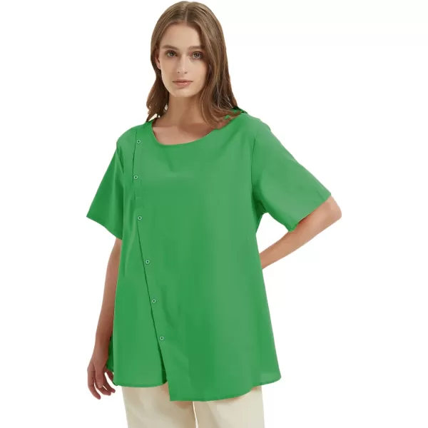 Minibee Womens Linen Blouse Tunic Short Sleeve Shirt Tops With Buttons DecorationGreen