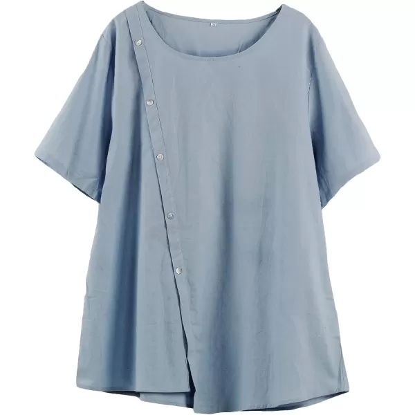 Minibee Womens Linen Blouse Tunic Short Sleeve Shirt Tops With Buttons DecorationGrey Blue