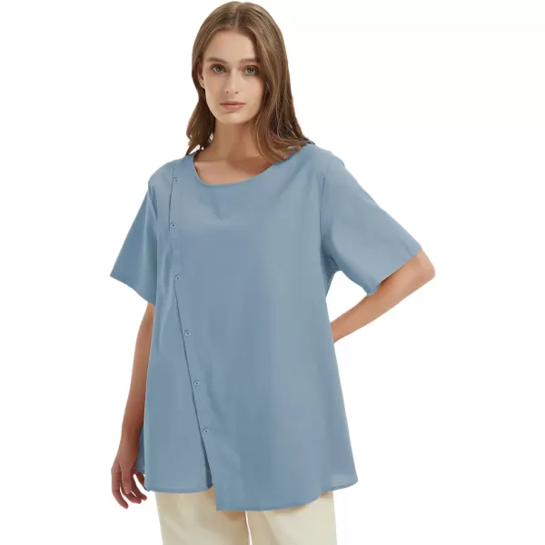 Minibee Womens Linen Blouse Tunic Short Sleeve Shirt Tops With Buttons DecorationGrey Blue