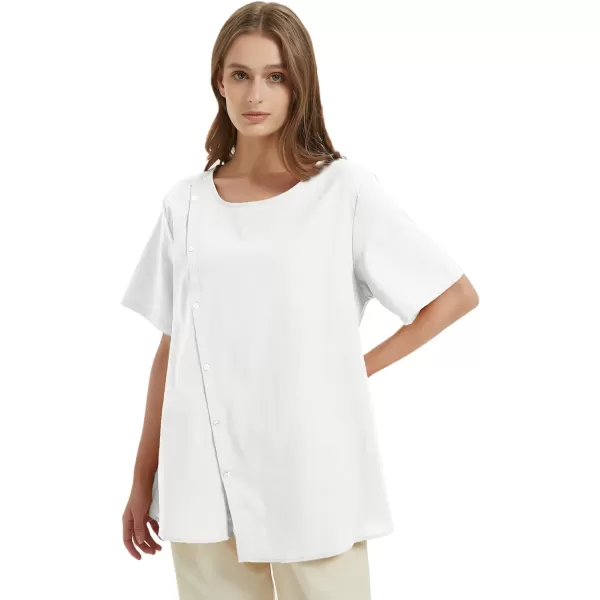 Minibee Womens Linen Blouse Tunic Short Sleeve Shirt Tops With Buttons DecorationWhite