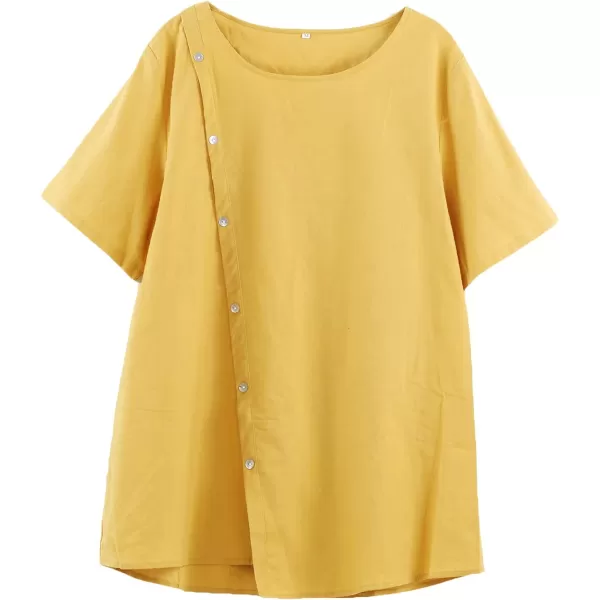 Minibee Womens Linen Blouse Tunic Short Sleeve Shirt Tops With Buttons DecorationYellow