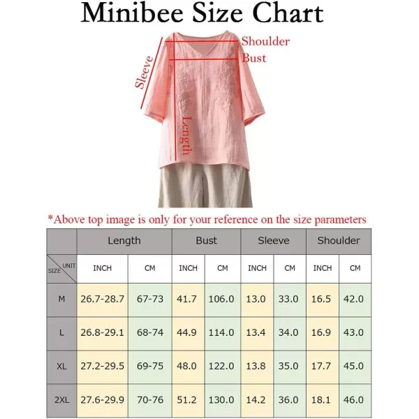 Minibee Womens Linen Embroidery Blouse VNeck Tunic Elbow Sleeve Shirts TopsPink