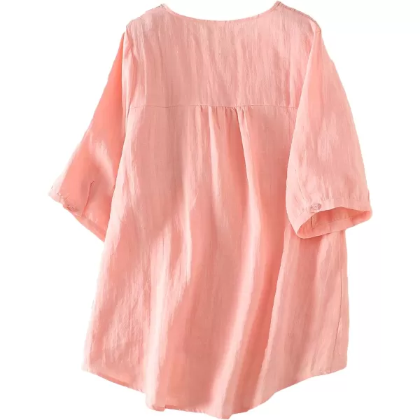 Minibee Womens Linen Embroidery Blouse VNeck Tunic Elbow Sleeve Shirts TopsPink