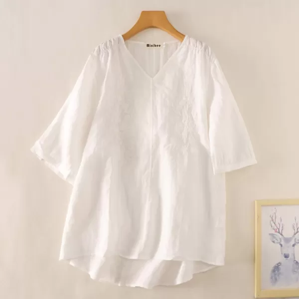 Minibee Womens Linen Embroidery Blouse VNeck Tunic Elbow Sleeve Shirts TopsWhite