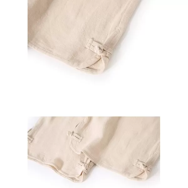 Minibee Womens Linen Pants Drawstring Waist Wide Leg Trousers with Frog ButtonBeige