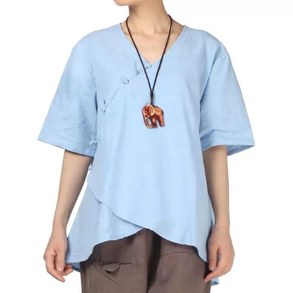 Minibee Womens Linen Retro Chinese Frog Button Tops BlouseBlue