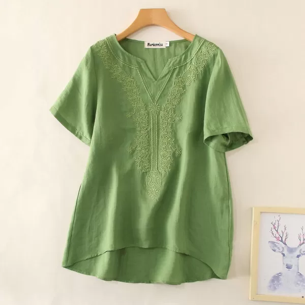 Minibee Womens Linen Shirts Summer Boho Tops Cotton Blouse V Neck Short Sleeve Embroidered TunicGreen