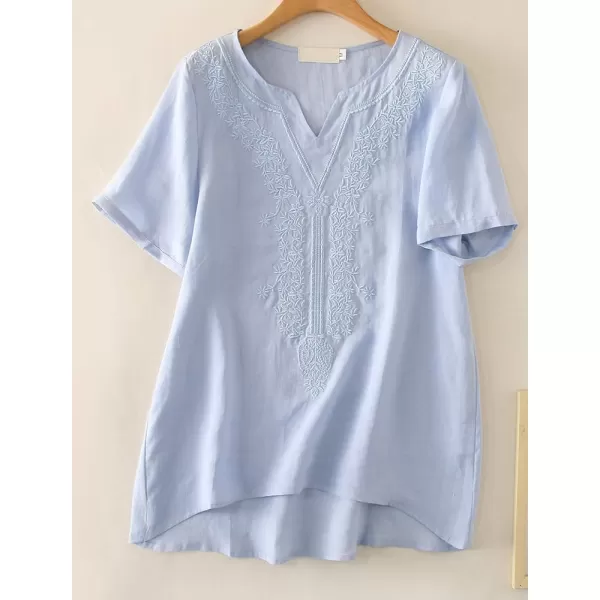 Minibee Womens Linen Shirts Summer Boho Tops Cotton Blouse V Neck Short Sleeve Embroidered TunicLight Blue