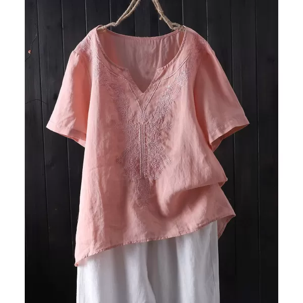 Minibee Womens Linen Shirts Summer Boho Tops Cotton Blouse V Neck Short Sleeve Embroidered TunicPink