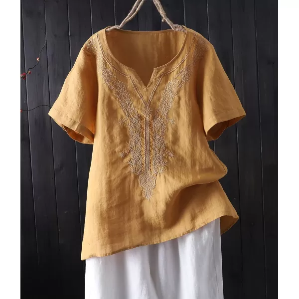 Minibee Womens Linen Shirts Summer Boho Tops Cotton Blouse V Neck Short Sleeve Embroidered TunicYellow