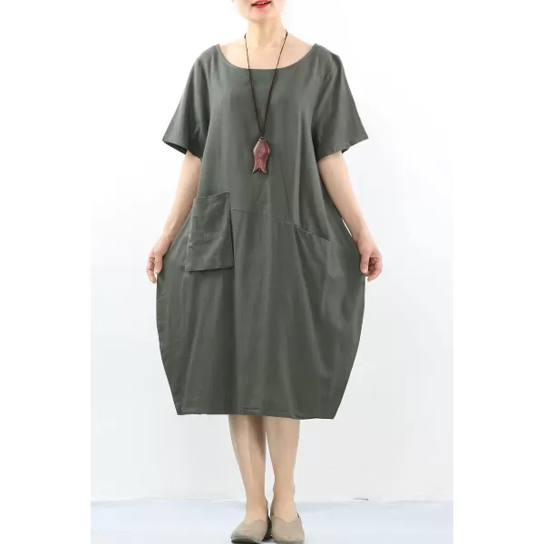 Minibee Womens Linen Tunic Dress Summer Short Sleeve Casual Kaftan Flowy Midi Dresses with PocketsArmy Green