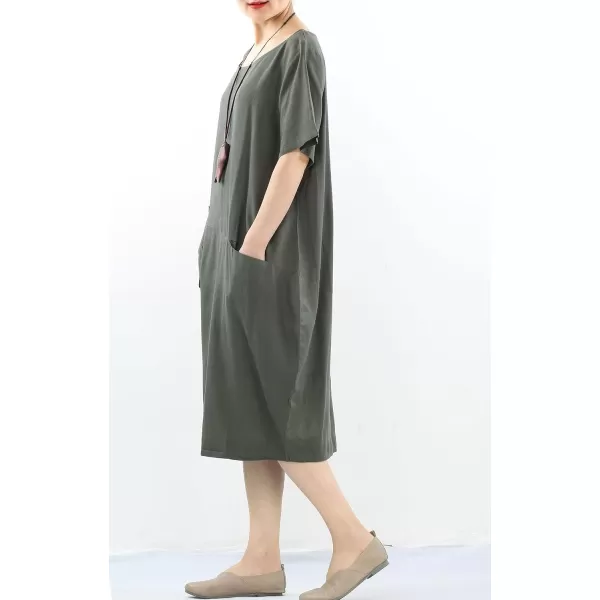 Minibee Womens Linen Tunic Dress Summer Short Sleeve Casual Kaftan Flowy Midi Dresses with PocketsArmy Green