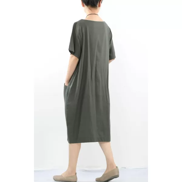 Minibee Womens Linen Tunic Dress Summer Short Sleeve Casual Kaftan Flowy Midi Dresses with PocketsArmy Green