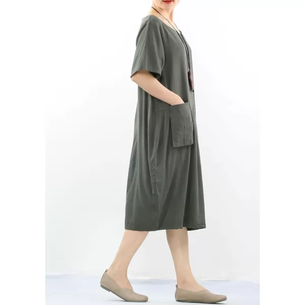 Minibee Womens Linen Tunic Dress Summer Short Sleeve Casual Kaftan Flowy Midi Dresses with PocketsArmy Green