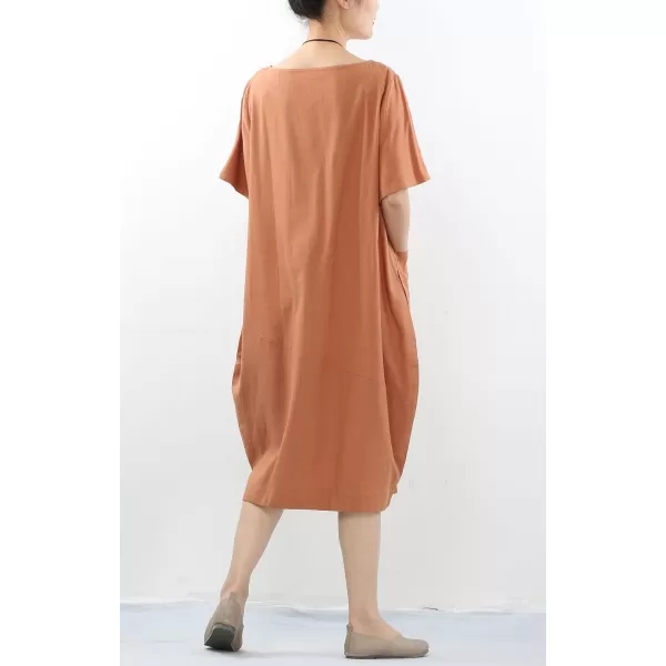 Minibee Womens Linen Tunic Dress Summer Short Sleeve Casual Kaftan Flowy Midi Dresses with PocketsBrown