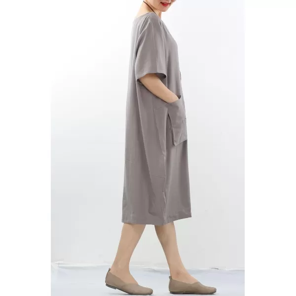 Minibee Womens Linen Tunic Dress Summer Short Sleeve Casual Kaftan Flowy Midi Dresses with PocketsGrey