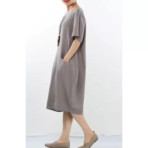 Minibee Womens Linen Tunic Dress Summer Short Sleeve Casual Kaftan Flowy Midi Dresses with PocketsGrey