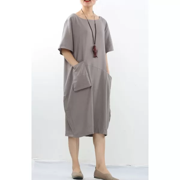 Minibee Womens Linen Tunic Dress Summer Short Sleeve Casual Kaftan Flowy Midi Dresses with PocketsGrey