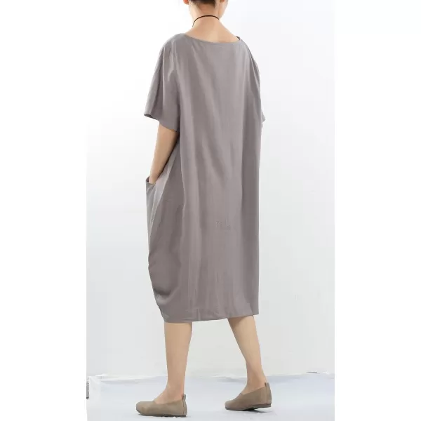 Minibee Womens Linen Tunic Dress Summer Short Sleeve Casual Kaftan Flowy Midi Dresses with PocketsGrey