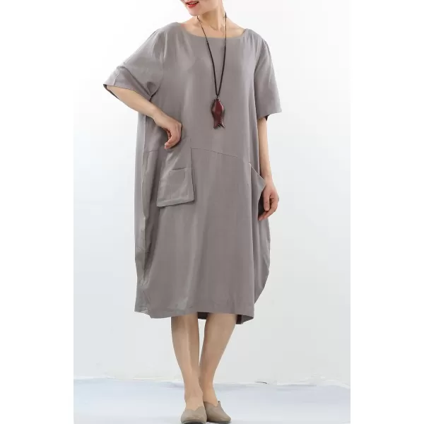 Minibee Womens Linen Tunic Dress Summer Short Sleeve Casual Kaftan Flowy Midi Dresses with PocketsGrey