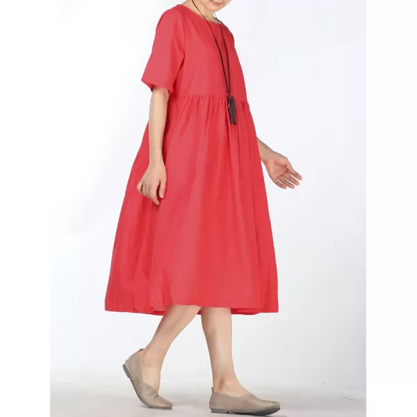 Minibee Womens Linen Tunic Summer Dress Casual Midi Dresses with PocketsRed