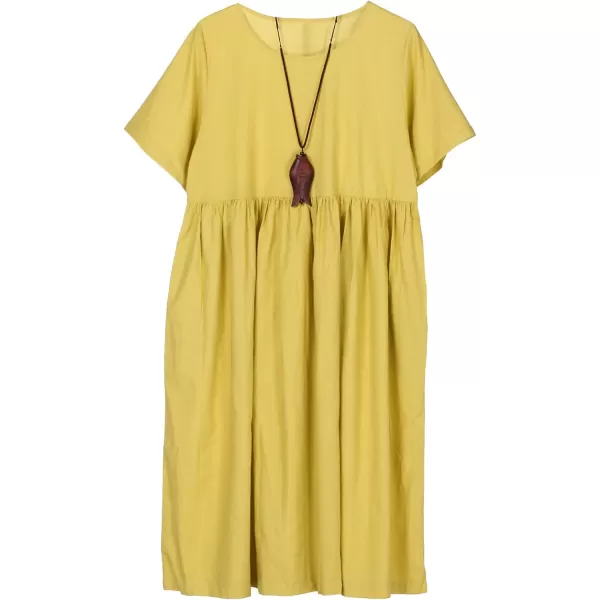 Minibee Womens Linen Tunic Summer Dress Casual Midi Dresses with PocketsYellow