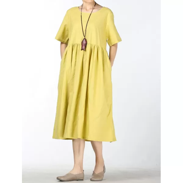 Minibee Womens Linen Tunic Summer Dress Casual Midi Dresses with PocketsYellow