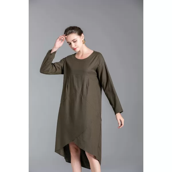 Minibee Womens Long Sleeve Midi Dress Cotton Linen Empire Waist Casual Flowy Dresses with PocketsArmy Green