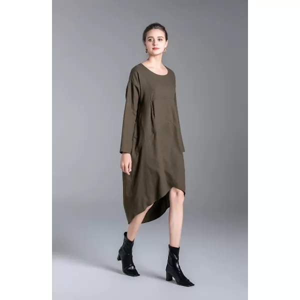 Minibee Womens Long Sleeve Midi Dress Cotton Linen Empire Waist Casual Flowy Dresses with PocketsArmy Green