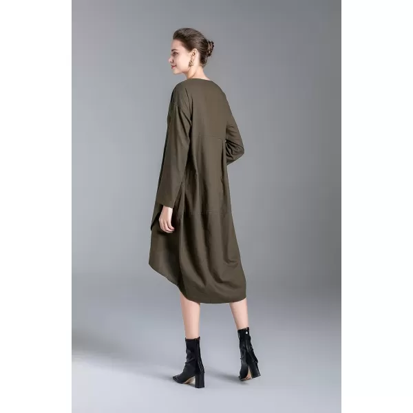 Minibee Womens Long Sleeve Midi Dress Cotton Linen Empire Waist Casual Flowy Dresses with PocketsArmy Green