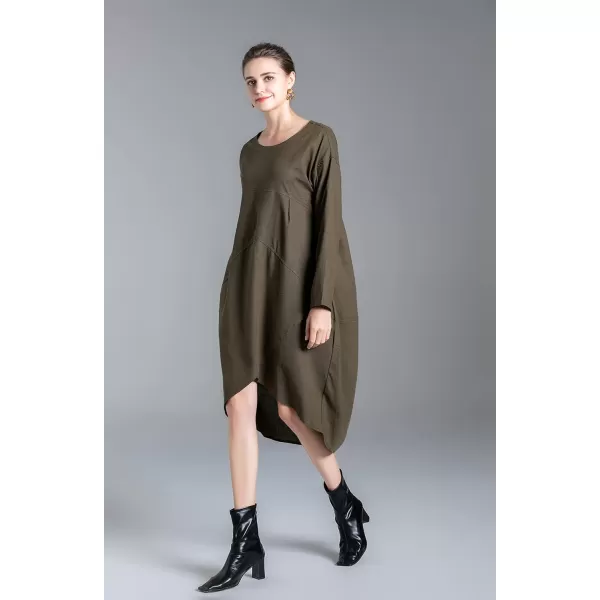 Minibee Womens Long Sleeve Midi Dress Cotton Linen Empire Waist Casual Flowy Dresses with PocketsArmy Green