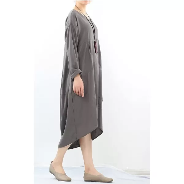 Minibee Womens Long Sleeve Midi Dress Cotton Linen Empire Waist Casual Flowy Dresses with PocketsGray