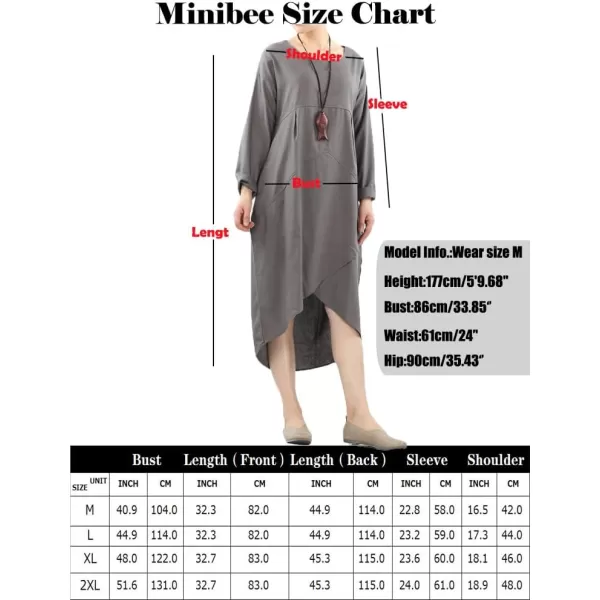 Minibee Womens Long Sleeve Midi Dress Cotton Linen Empire Waist Casual Flowy Dresses with PocketsGray