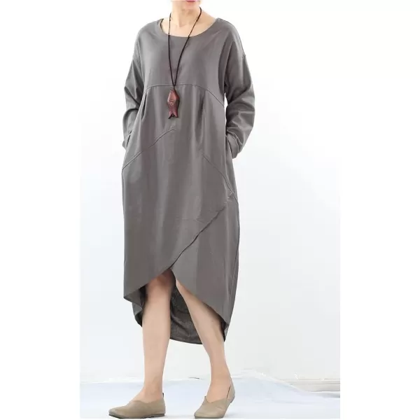 Minibee Womens Long Sleeve Midi Dress Cotton Linen Empire Waist Casual Flowy Dresses with PocketsGray