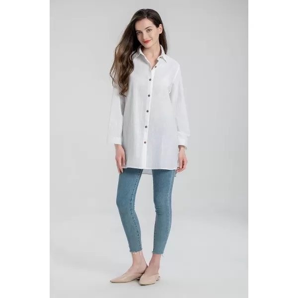 Minibee Womens Long Sleeve Shirts Button Down Blouse Cotton Tunic High Low TopsWhite