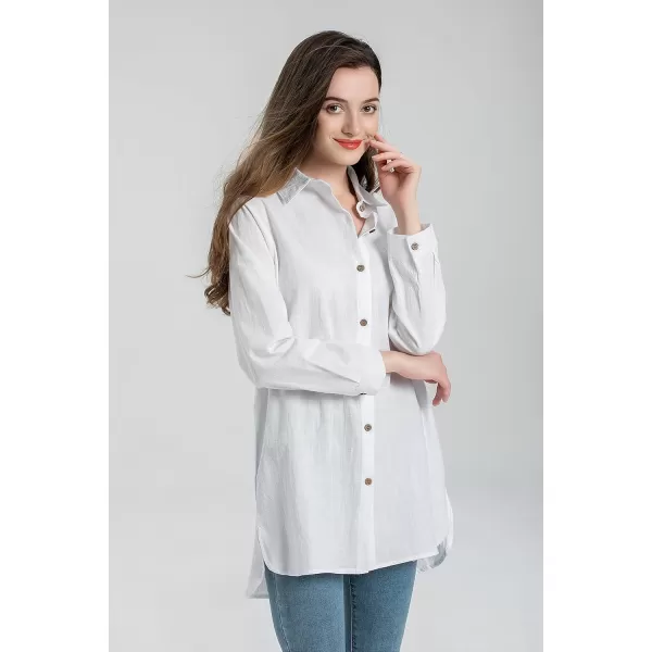 Minibee Womens Long Sleeve Shirts Button Down Blouse Cotton Tunic High Low TopsWhite