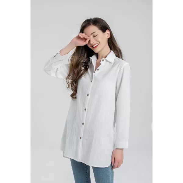 Minibee Womens Long Sleeve Shirts Button Down Blouse Cotton Tunic High Low TopsWhite