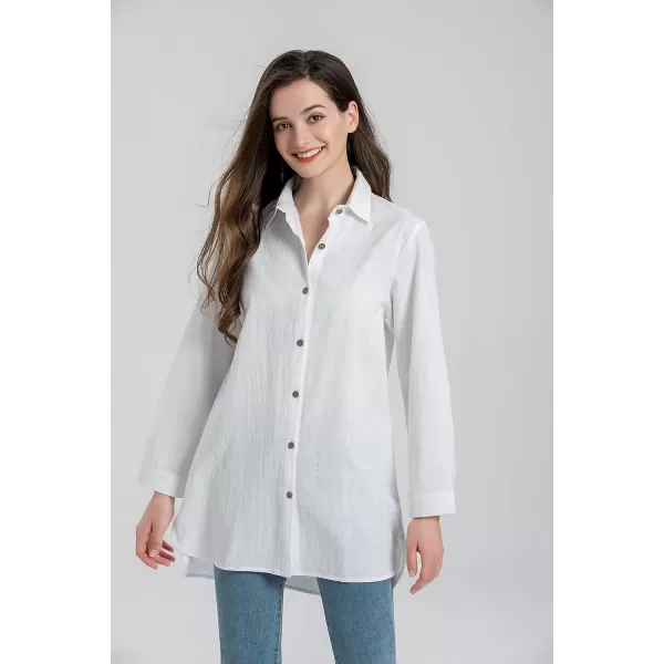 Minibee Womens Long Sleeve Shirts Button Down Blouse Cotton Tunic High Low TopsWhite