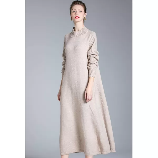 Minibee Womens Long Sleeve Sweater Dresses Pullover Casual Turtleneck Knit Sweater Long Dresses with PocketsBeige