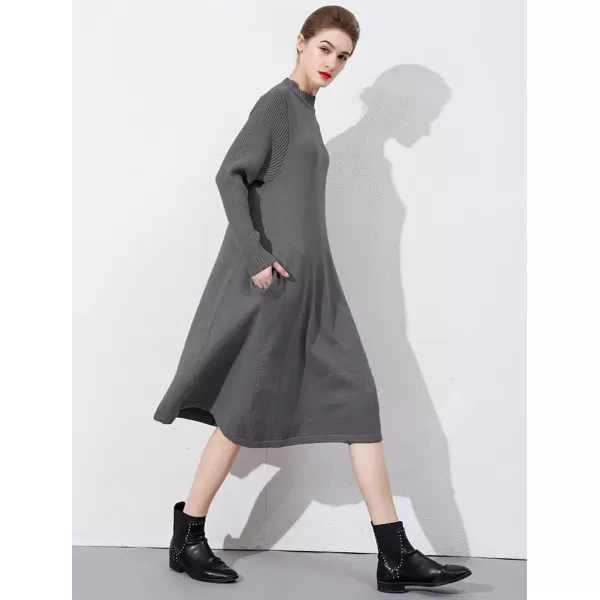 Minibee Womens Long Sleeve Sweater Dresses Pullover Casual Turtleneck Knit Sweater Long Dresses with PocketsGray