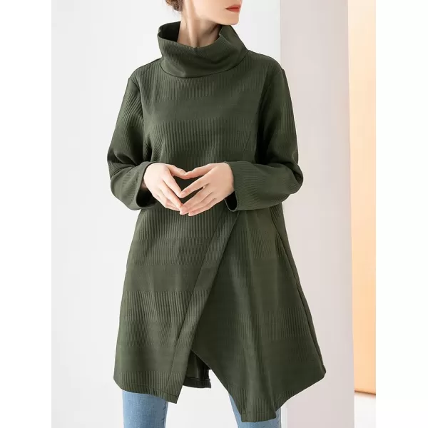 Minibee Womens Long Sleeves Dress Cowl Neck Pullovers Irregular Hem Sweater Dress with PocketsArmy Green