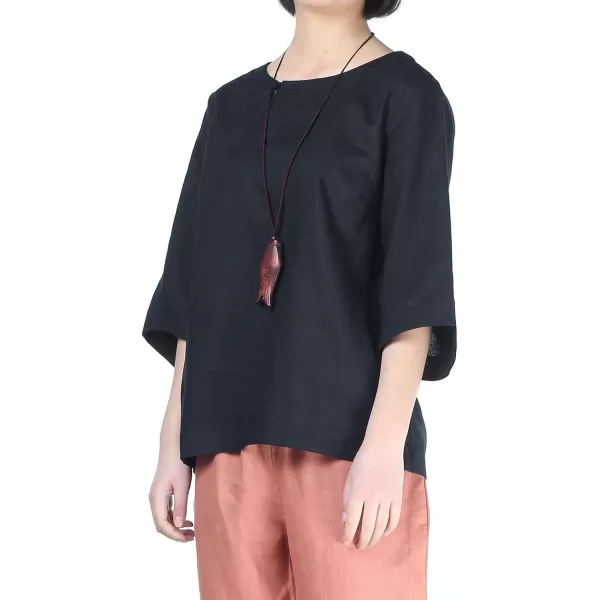 Minibee Womens Loose Cotton Linen Blouse Round Neck with Chinese Frog Button TopsBlack