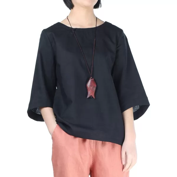 Minibee Womens Loose Cotton Linen Blouse Round Neck with Chinese Frog Button TopsBlack