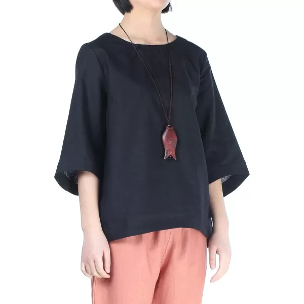 Minibee Womens Loose Cotton Linen Blouse Round Neck with Chinese Frog Button TopsBlack