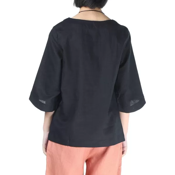 Minibee Womens Loose Cotton Linen Blouse Round Neck with Chinese Frog Button TopsBlack