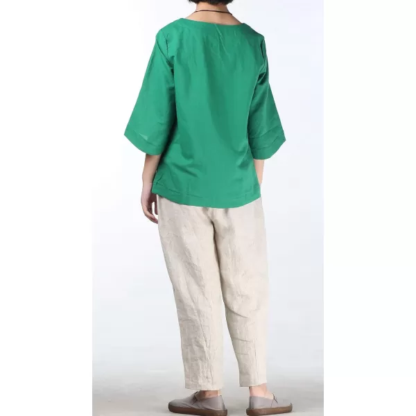 Minibee Womens Loose Cotton Linen Blouse Round Neck with Chinese Frog Button TopsGreen