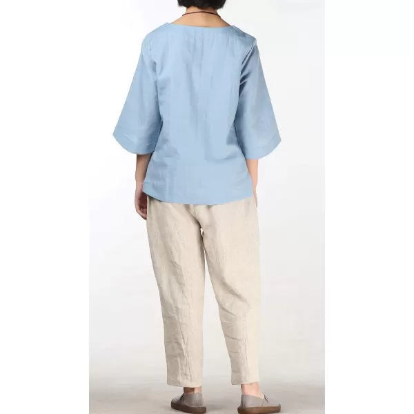 Minibee Womens Loose Cotton Linen Blouse Round Neck with Chinese Frog Button TopsLight Blue